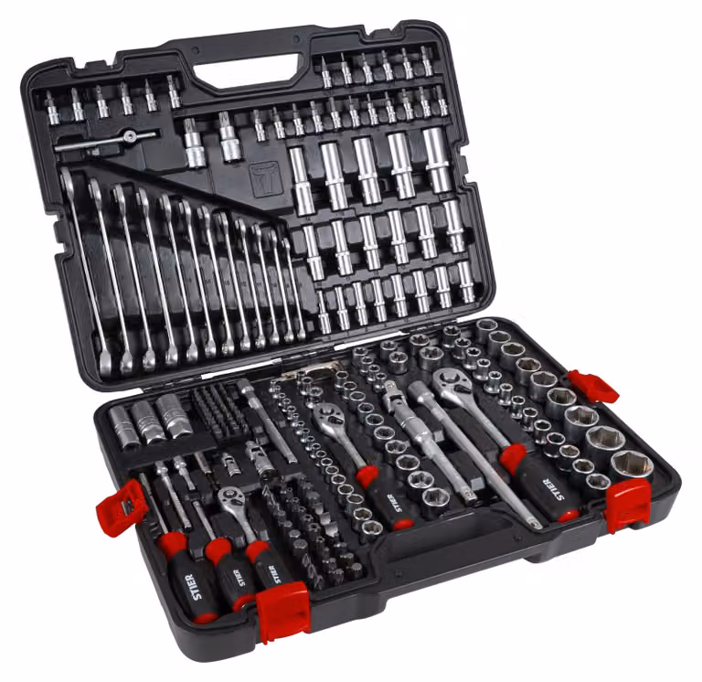 Set di chiavi a bussola STIER da 216 pezzi, 1/4", 3/8" e 1/2", cricchetto reversibile, inserti esagonali, inserti Torx, a taglio, Phillips e Pozidrive