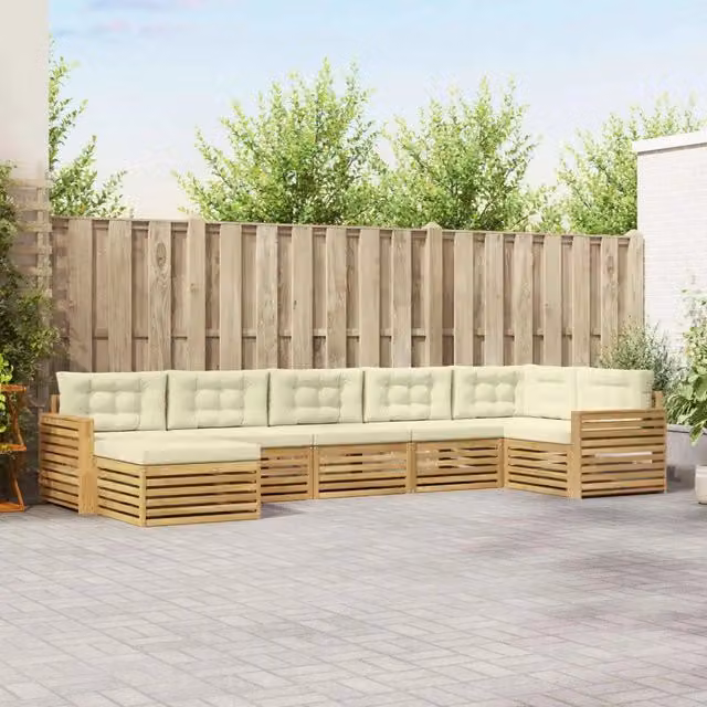 Set di divani da esterno a L vidaXL in legno di acacia con 7 pezzi, bianco e beige – 1