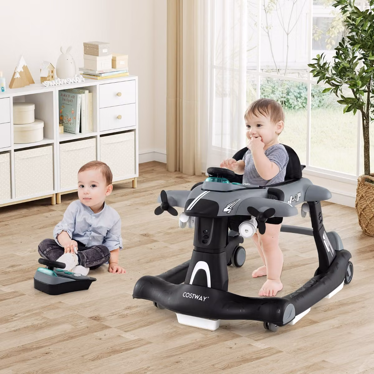 Costway Camminatore Pieghevole per Bambini 6 in 1 a Tema Aeroplano con Altezza Regolabile a 3 Livelli, Grigio
