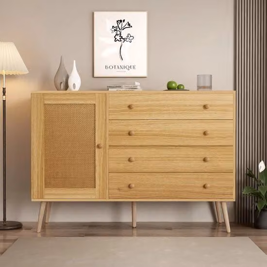 Mobile contenitore moderno in legno e rattan con 4 cassetti e 1 anta, colore beige e marrone, L: 120 cm, P: 40 cm, H: 45,7 cm