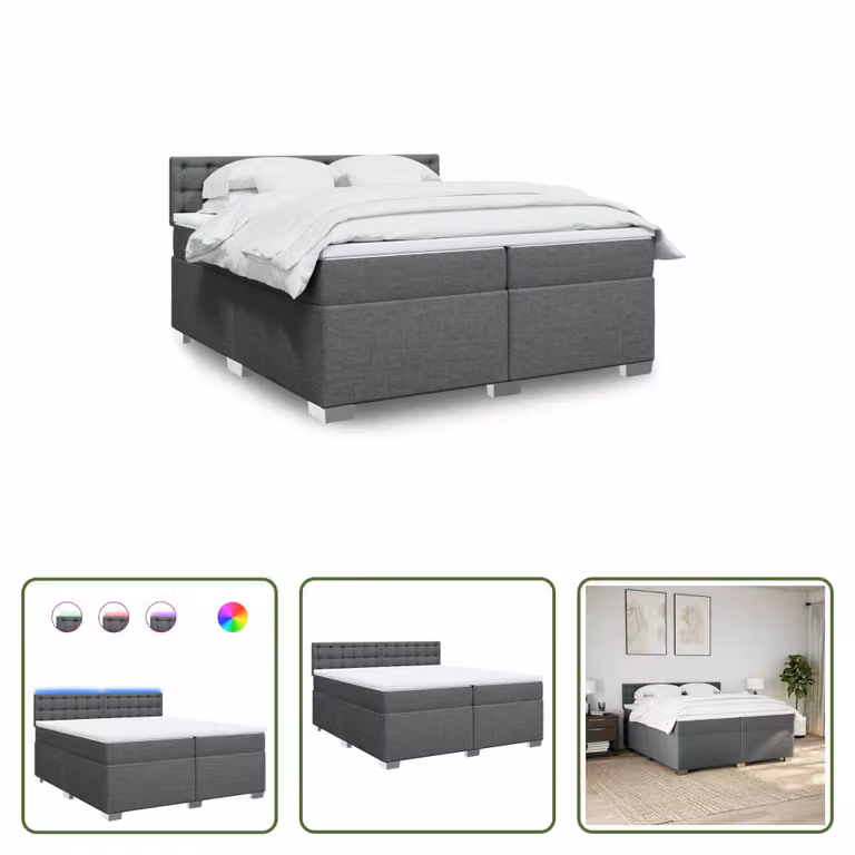 The Living Store Letto a molle con materasso grigio scuro 200x200 cm in tessuto