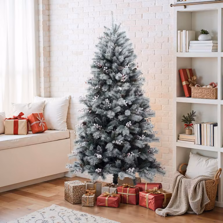 albero di Natale artificiale da 180 cm con effetto brina - decorato con pigne di neve e bacche rosse
