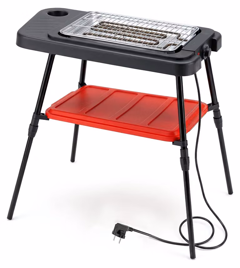 KOMFOTTEU Griglia da pavimento da 2000W, griglia elettrica 2 in 1 con supporto regolabile in altezza, griglia per balcone con ampia superficie di cottura e ripiano, griglia da tavolo con regolatore di temperatura, griglia per barbecue per giardino e balco