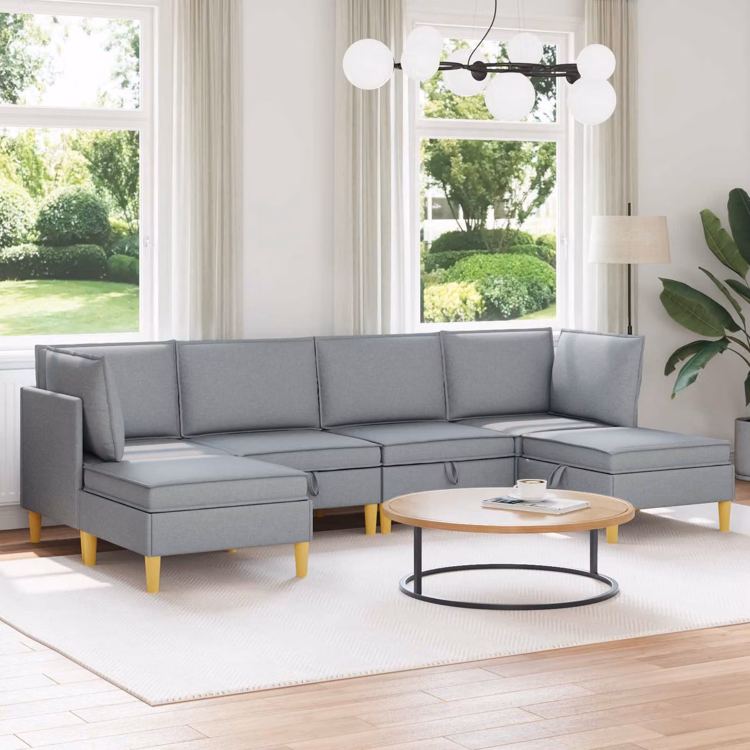 Set di divani modulari vidaXL da 6 pezzi in tessuto grigio con design moderno a L e spazio di archiviazione