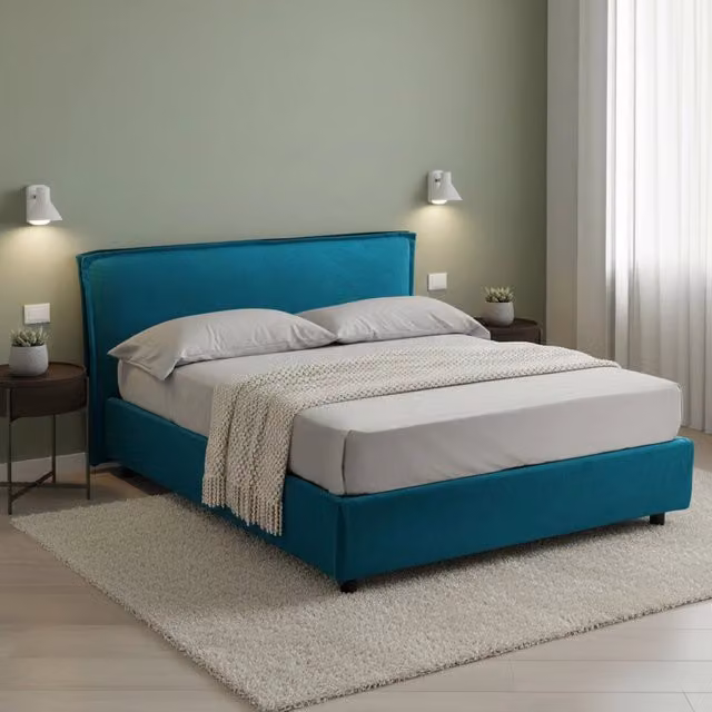 Letto Matrimoniale Moderno DMORA con Contenitore a Alzata, Rivestimento in Tessuto Blu, L/P/H: 160 x 200 x 105 cm – 1