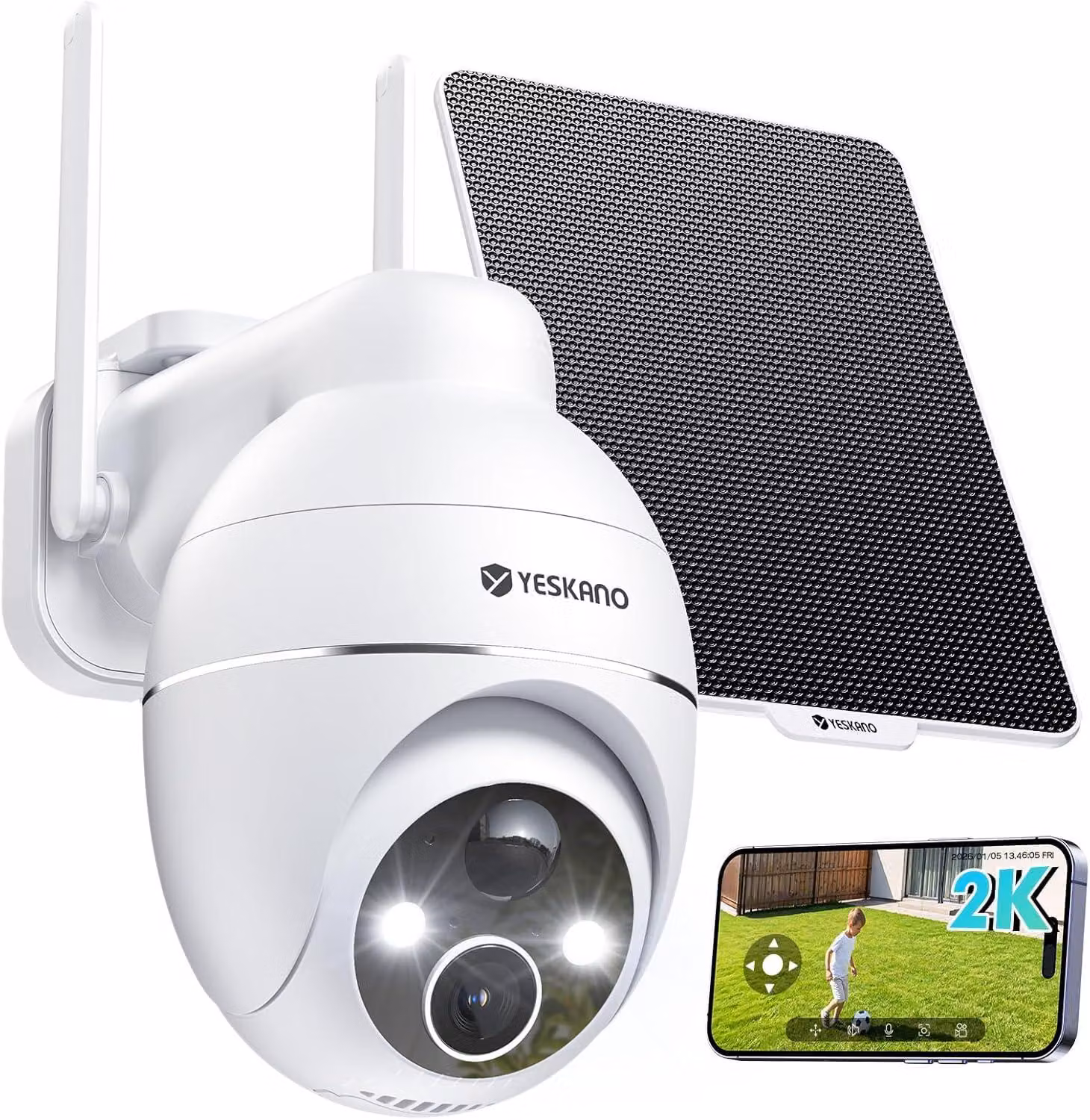 Telecamera di sicurezza esterna - 2K QHD - Alimentazione a energia solare - Wireless Wi-Fi - Rotazione a 360° PTZ