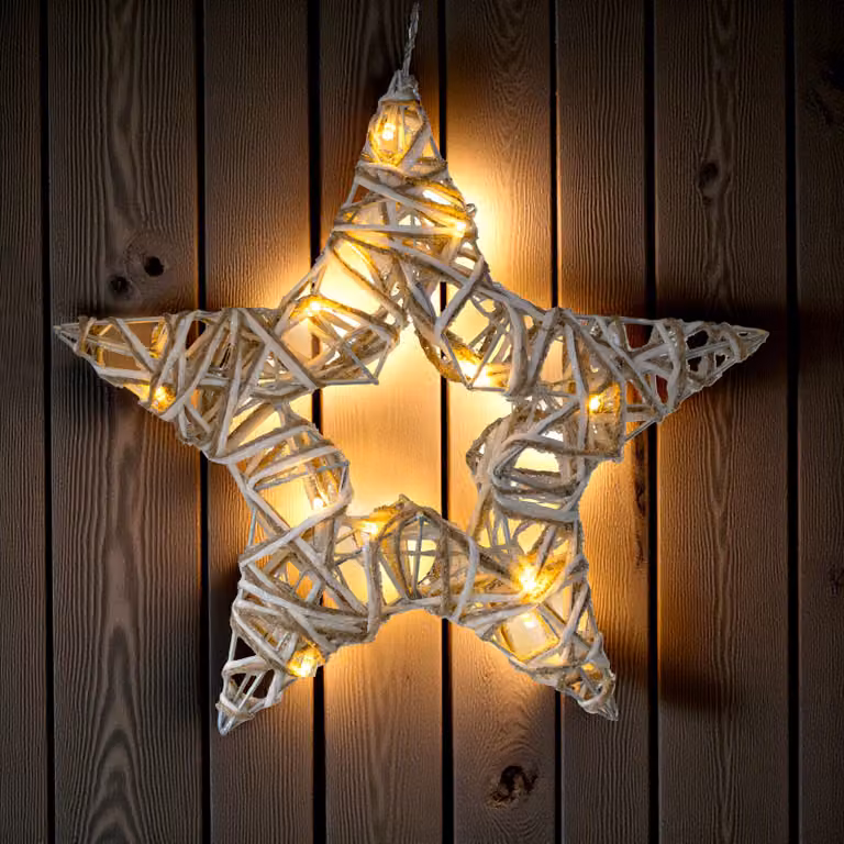 Stella in rattan da appendere illuminata in bianco caldo con timer - 35 cm - Stella di Natale da appendere 15 LED a batteria