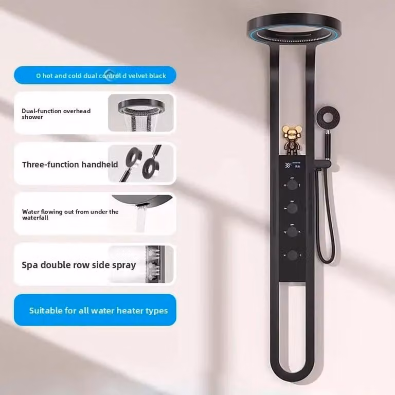 Pannello doccia a cascata - Sistema doccia con display digitale a LED - Montaggio a parete - Getto laterale massaggiante - Acciaio inossidabile - Soffione a pioggia rotondo - Nero