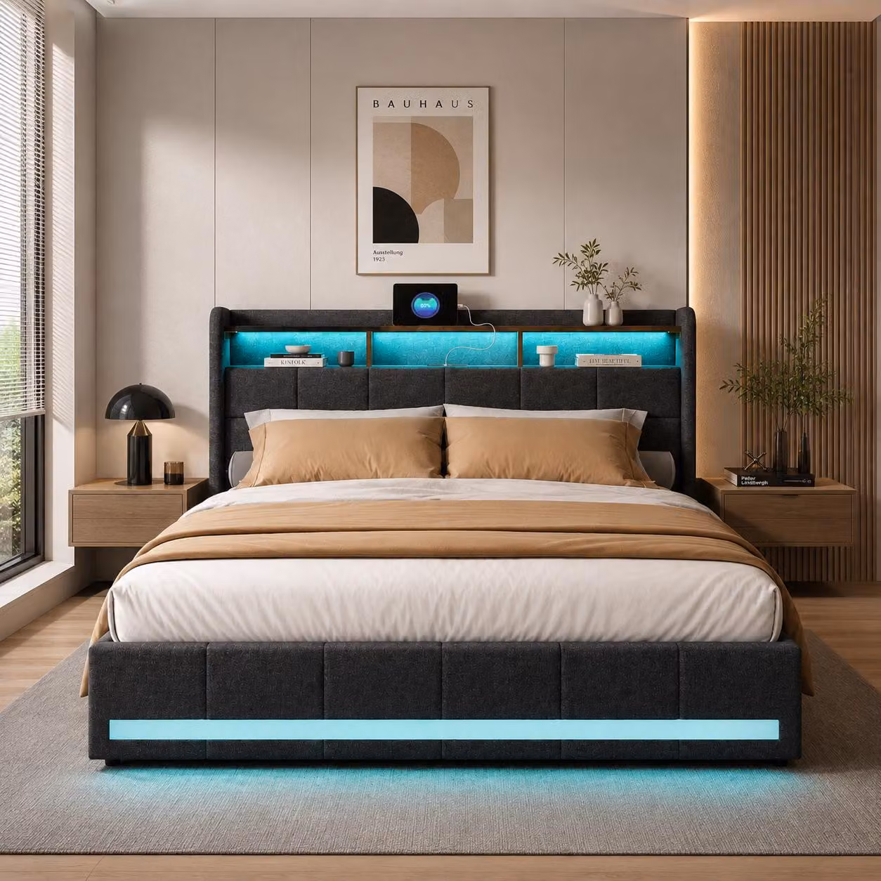 Letto imbottito INONEFT, 140x200 cm, con illuminazione LED e prese USB, letto singolo per ragazzi con 4 cassetti e 3 vani portaoggetti, tessuto in lino, colore grigio