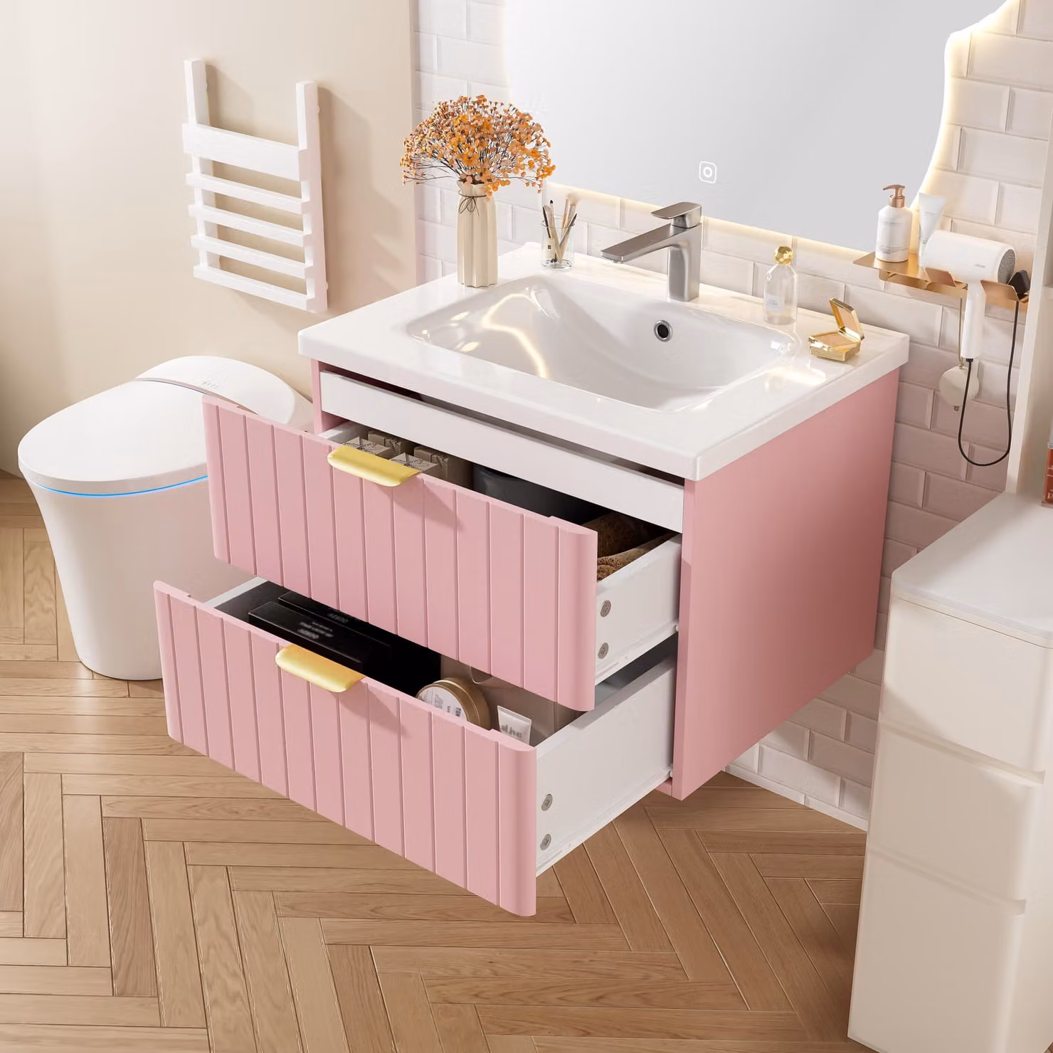 Fortuna Lai Mobile lavabo sospeso a vasca singola con doppio vano contenitore, MDF resistente all'umidità, lavabo in Vetroceramica resistente allo sporco, superficie in melamina senza verniciatura, salvaspazio, colore rosa