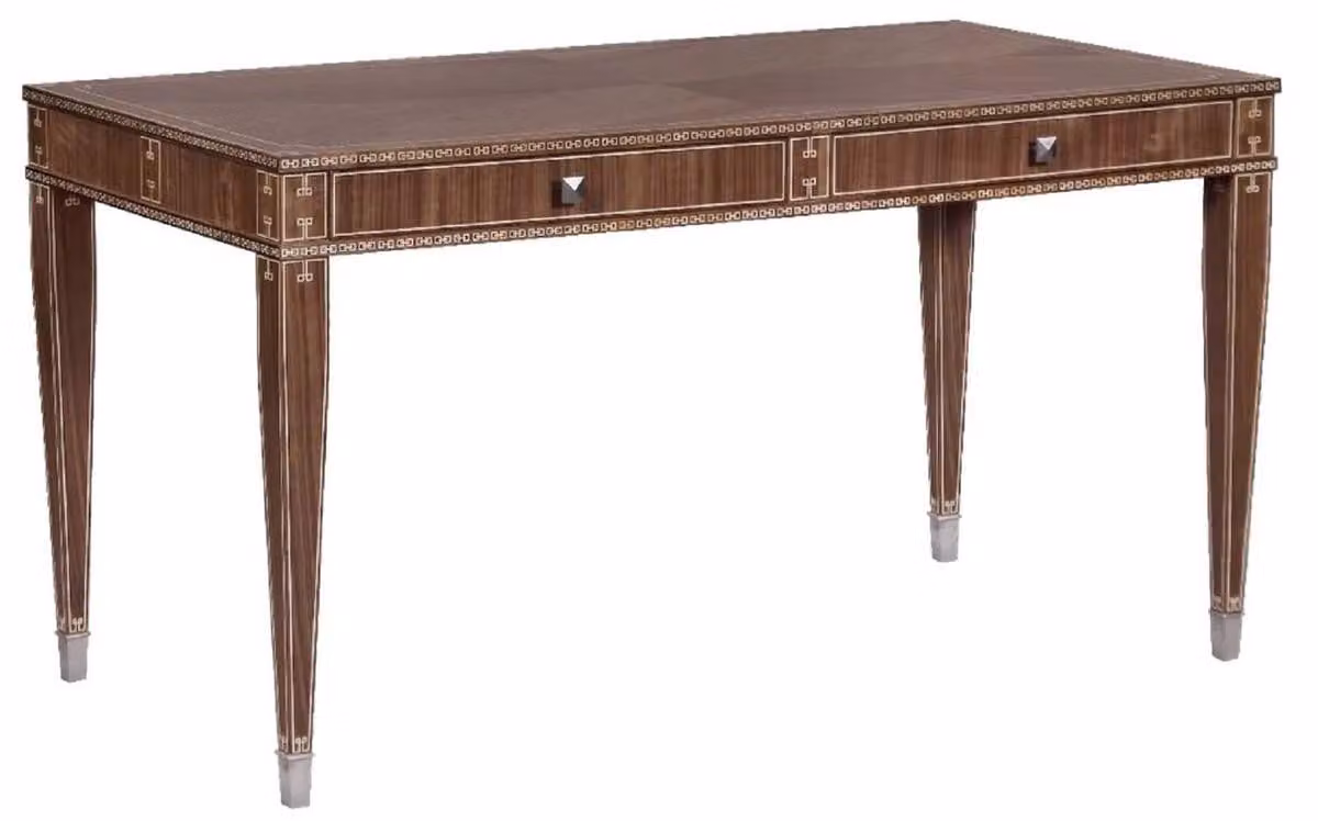 Casa Padrino scrivania art déco con 2 cassetti marrone / argento 141 x 70 x h. 75 cm - Scrivania in legno massello - Mobili per ufficio - Mobili art déco - Mobili