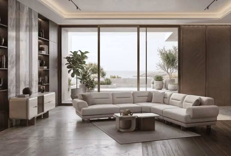 Divano angolare grigio, tavolino da caffè, mobile TV, stile moderno