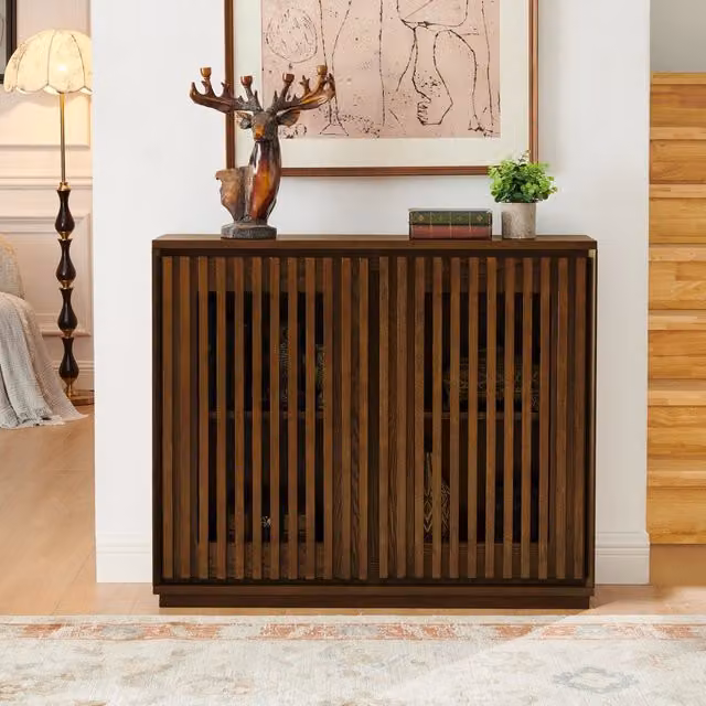 Madia con ante a listelli e 2 passacavi in MDF color noce 99 × 23.5 × 82.6 cm