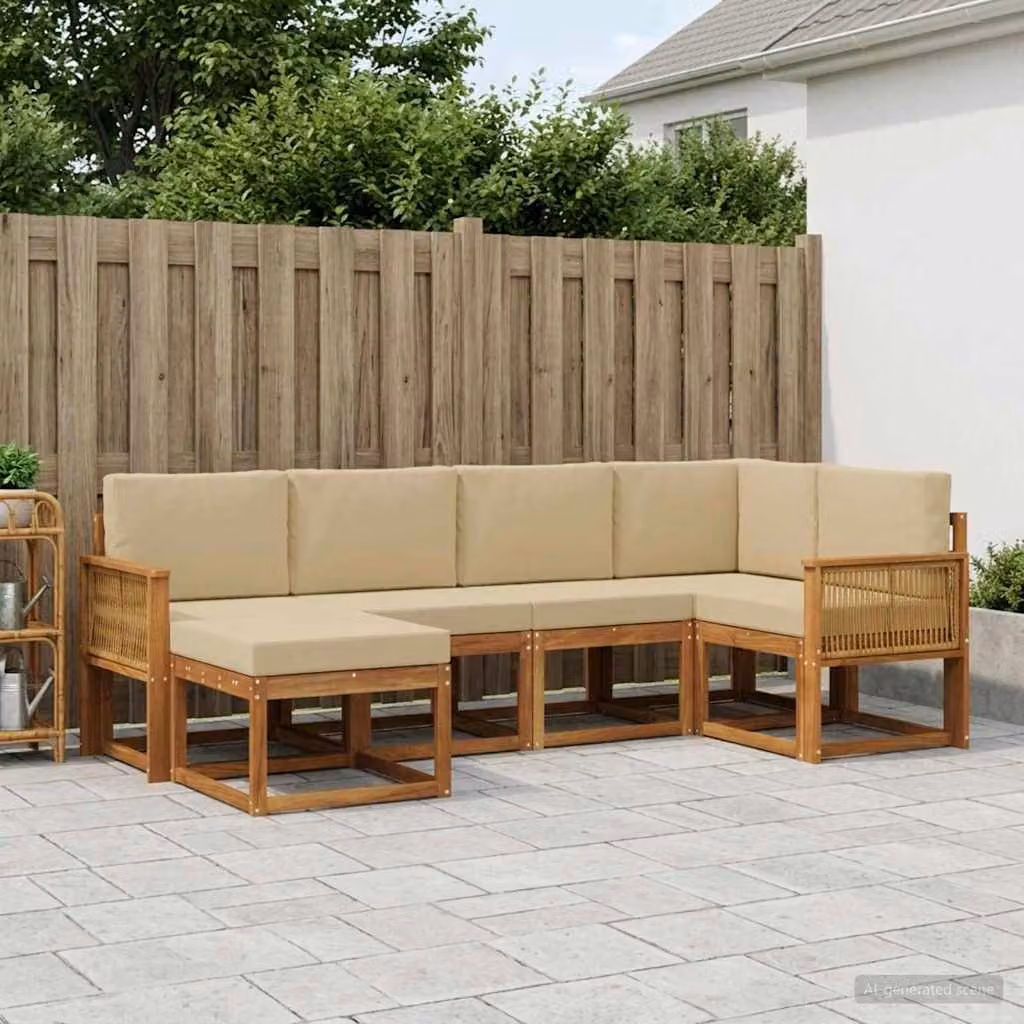 Set di divani da esterno vidaXL a forma di L composto da 6 pezzi in legno di acacia con cuscini in poliestere beige e sabbia