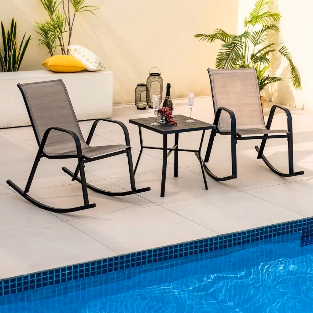 Set di 2 sedie a dondolo da giardino ergonomiche in metallo con tessuto traspirante Marrone e Grigio – 2