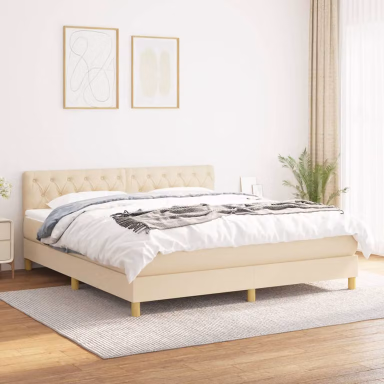 vidaXL Giroletto a Molle Ibrido con Materasso in Tessuto Beige e Bianco L/P: 160 x 200 cm