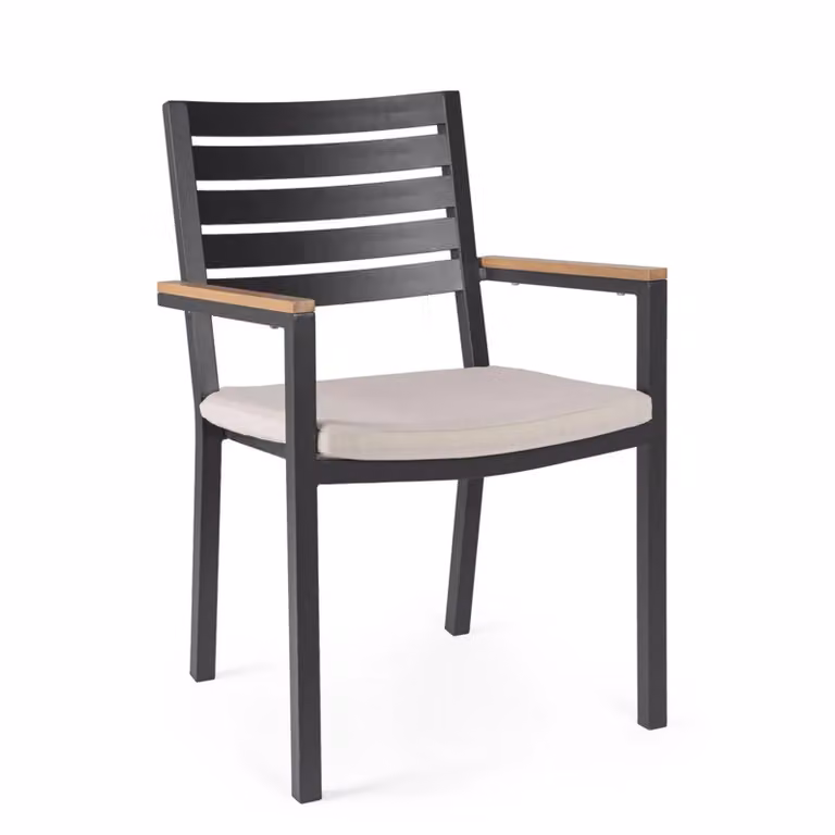 Set 4 sedie da giardino ELDA con cuscino beige, braccioli effetto legno e struttura antracite
