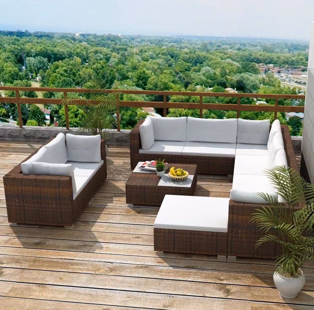 The Living Store Set da giardino da 10 pezzi con cuscini in poly rattan marrone