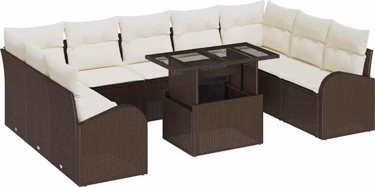 Set Divano da Giardino con cuscino 10 pcs Marrone Poly Rattan