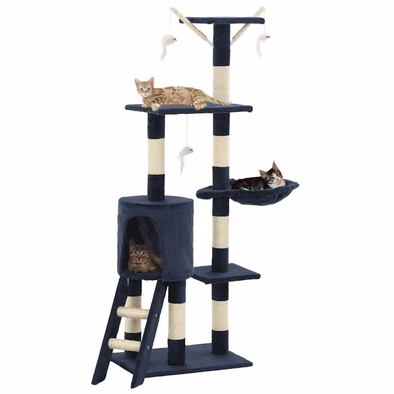 Albero per gatti vidaXL con tiragraffi in sisal, cave e giocattoli integrati, Blu Scuro, Altezza: 138 cm