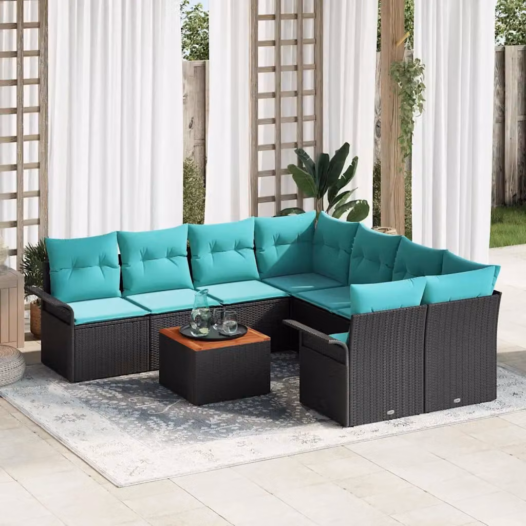 Set Divano da Giardino vidaXL 9 Pezzi a Forma di U con Tavolino, Nero e Turchese