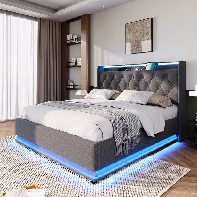Letto a cassone per adulti - Xylo - 160x200 cm - Grigio lino - USB-C, controllo app