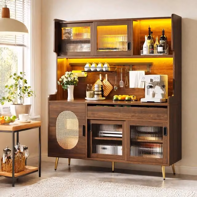 Credenza e madia con LED, ampio spazio contenitore e piano d'appoggio, in MDF, marrone, per cucina e soggiorno, 145 × 39 × 171 cm