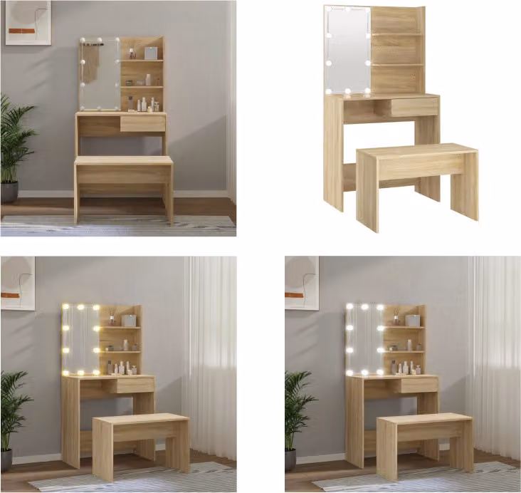 vidaXL Set da toilette con LED in legno di quercia Sonoma - Set da toilette con LED - Set da toilette con LED - Set da toilette - Tavolino da toilette con specchio