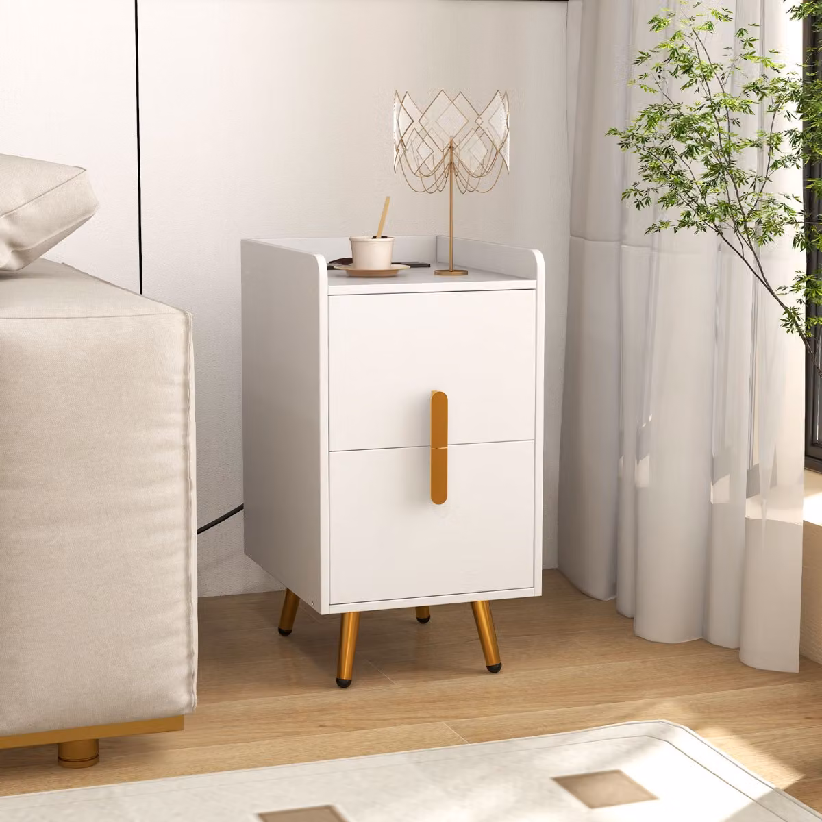 Comodino Costway Bianco con 2 Cassetti e Stazione di Ricarica con 2 Porte USB e 3 Prese e Gambe in Metallo