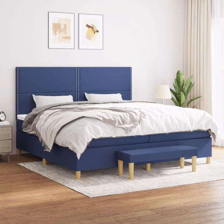 vidaXL Giroletto a Molle Ibrido con Materasso in Tessuto Blu e Bianco L/P: 200 x 200 cm