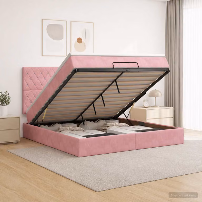 Letto ottomano con materasso vidaXL in velluto rosa, L: 160 cm, P: 200 cm, H: 88 cm