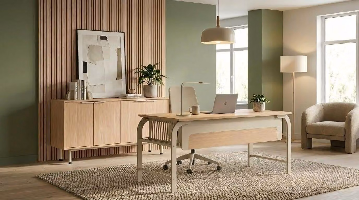 Set da ufficio: scrivania, mobiletto laterale, mobili compatti per l'ufficio domestico