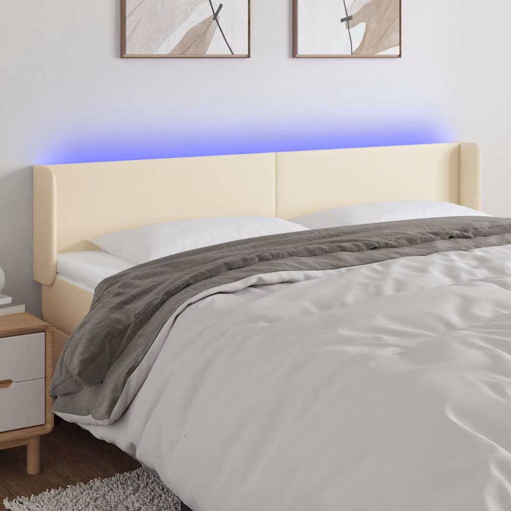 Testiera per letto vidaXL in similpelle beige con illuminazione LED e porta di ricarica USB, L 203 cm x P 16 cm x H 78/88 cm