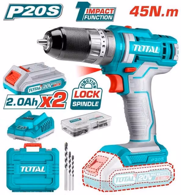 Trapano avvitatore a percussione Total con 2 batterie da 2Ah, 45Nm e 47 accessori, colore turchese