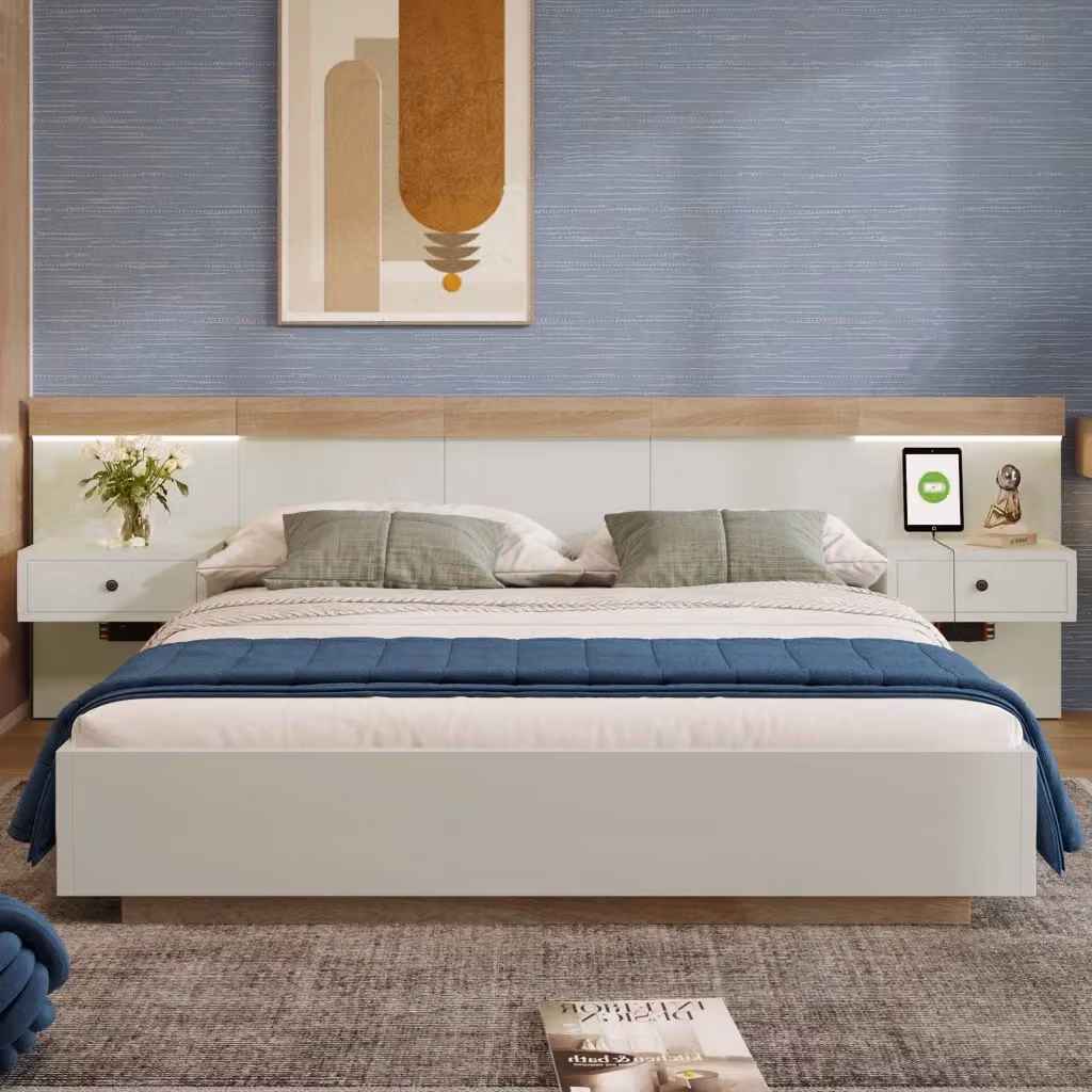 Letto matrimoniale OKWISH con 2 comodini, illuminazione LED sottostante, porte USB e Tipo C, colore bianco rovere Sonoma, L/P: 180 x 200 cm – 2