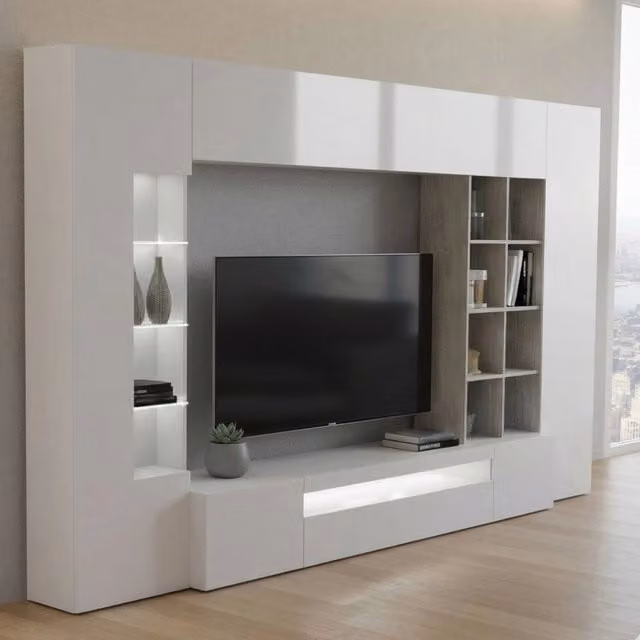 Parete attrezzata da Azuro, Made in Italy, Mobile porta TV, Set salotto moderno, cm 290x40h192, Bianco lucido e Cemento