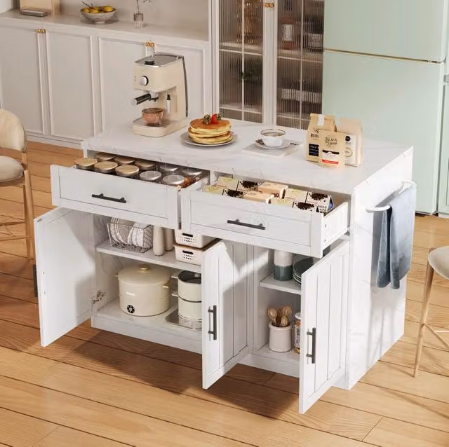 Isola cucina con piano bar; 2 cassetti; 3 ante; prese USB e piano effetto marmo; bianca