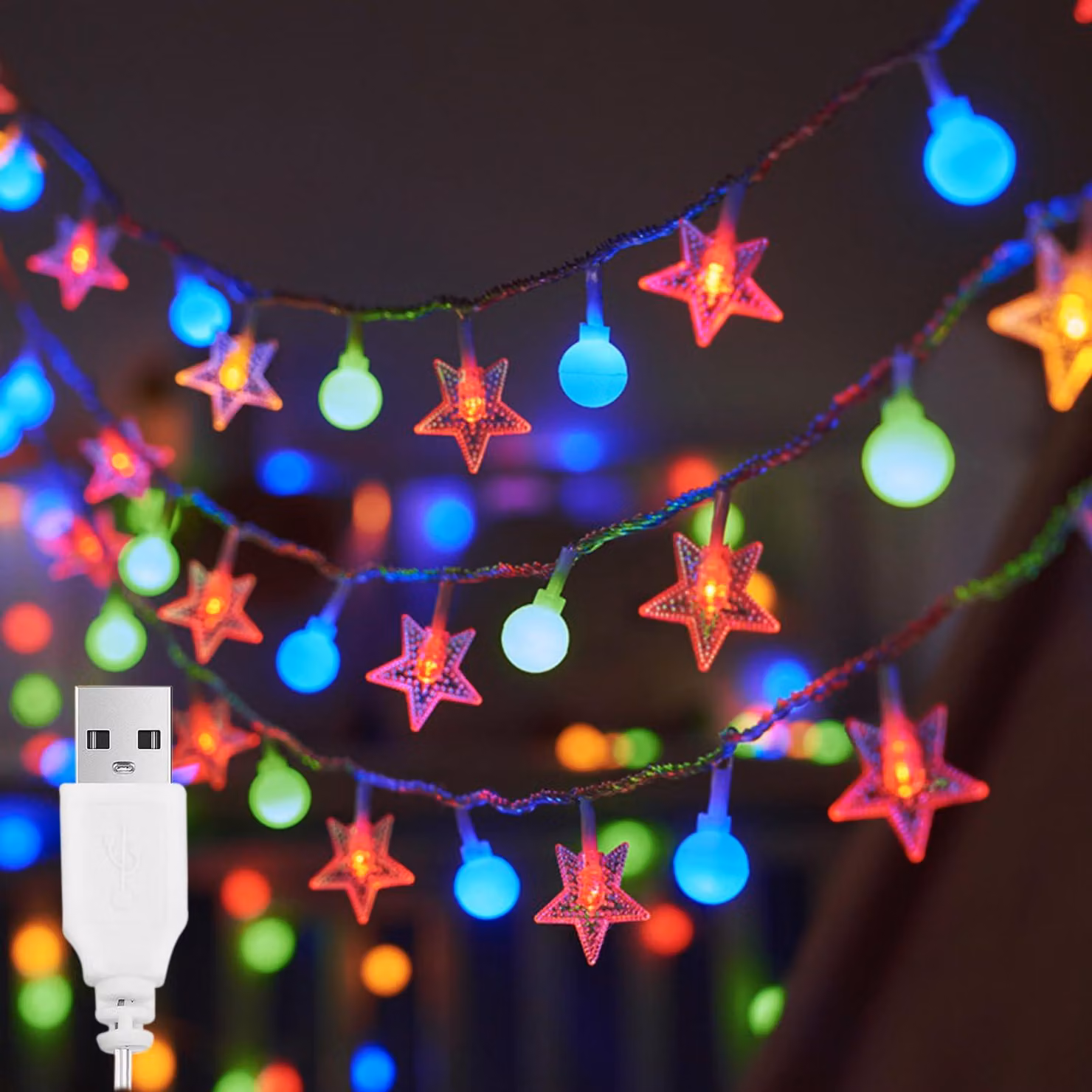 Catena luminosa a LED con stelle e palline, lunghezza 3 metri, 20 LED colorati, alimentazione USB