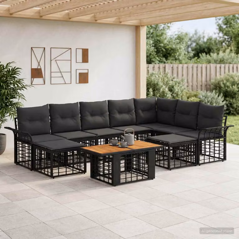 Set Divano da Giardino vidaXL 10 Pezzi a Forma di L con Tavolino e Pouf, Colore Nero e Grigio, Struttura in Metallo e Polyrattan con Cuscini Imbottiti e Rivestimenti Rimovibili