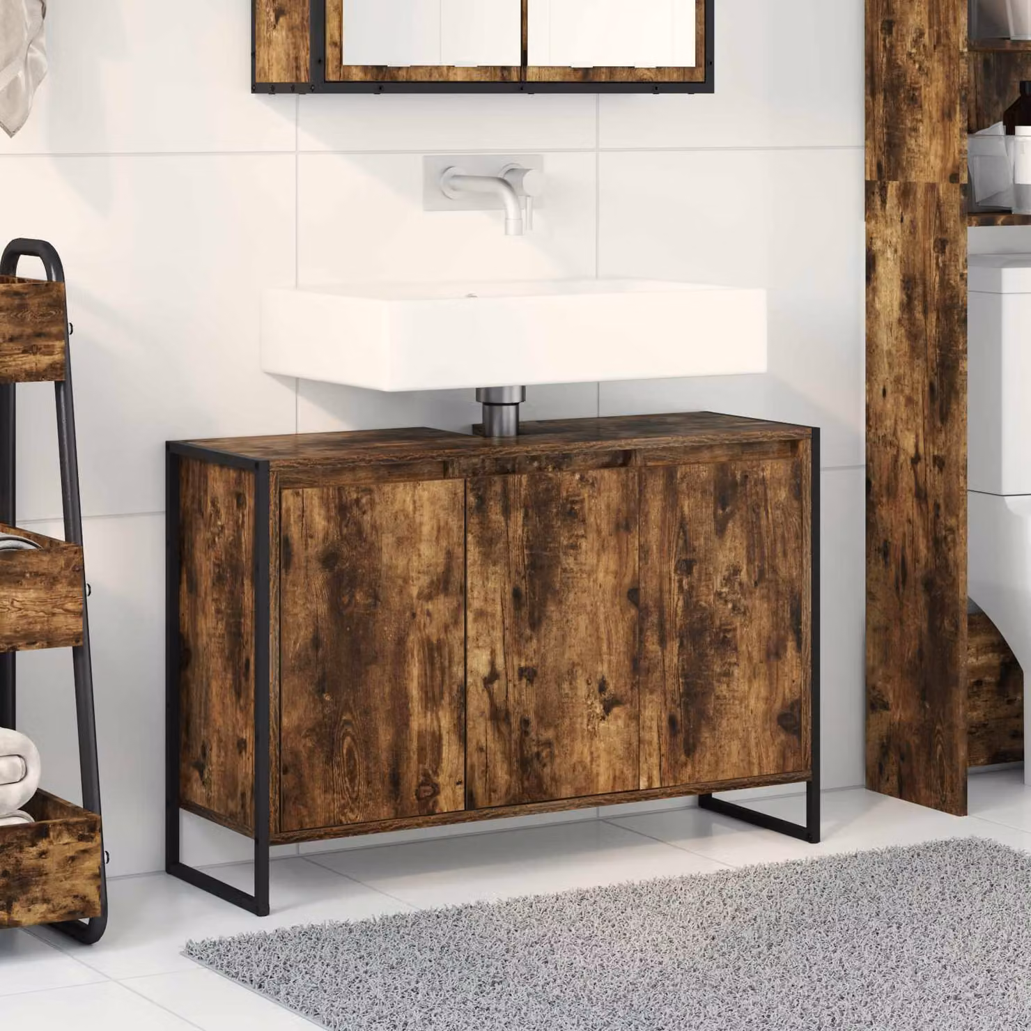 Mobile da bagno vidaXL in stile industriale, colore quercia fumosa, L: 90 cm, P: 30 cm, H: 60 cm