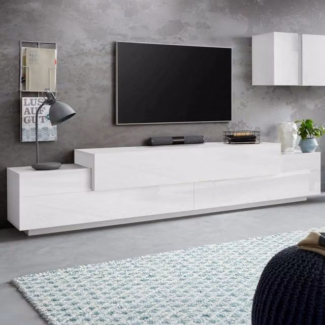 Mobile porta TV Tiche, Credenza bassa da soggiorno, Base porta TV, 100% Made in Italy, cm 240x45h52, Bianco lucido