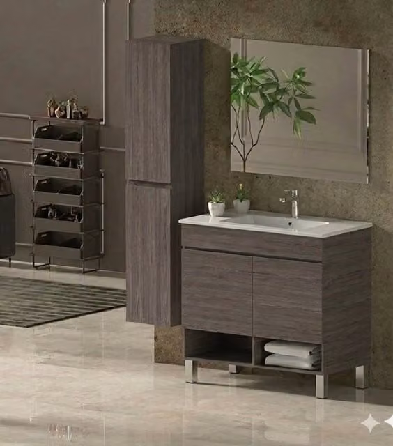Mobile Bagno NEBARI com gambe Già Montato 2 portas, lavabo e specchio Rovere affumicato 60x35 cm con colonna