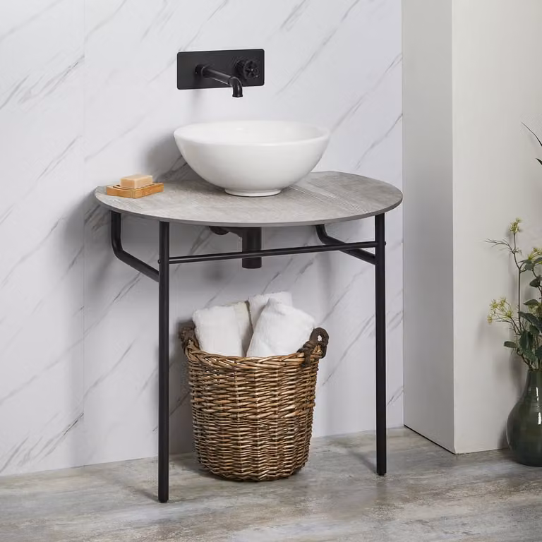 Consolle Nera Con Lavabo Tondo 400mm E Ripiano Grigio Pietra – Nitido