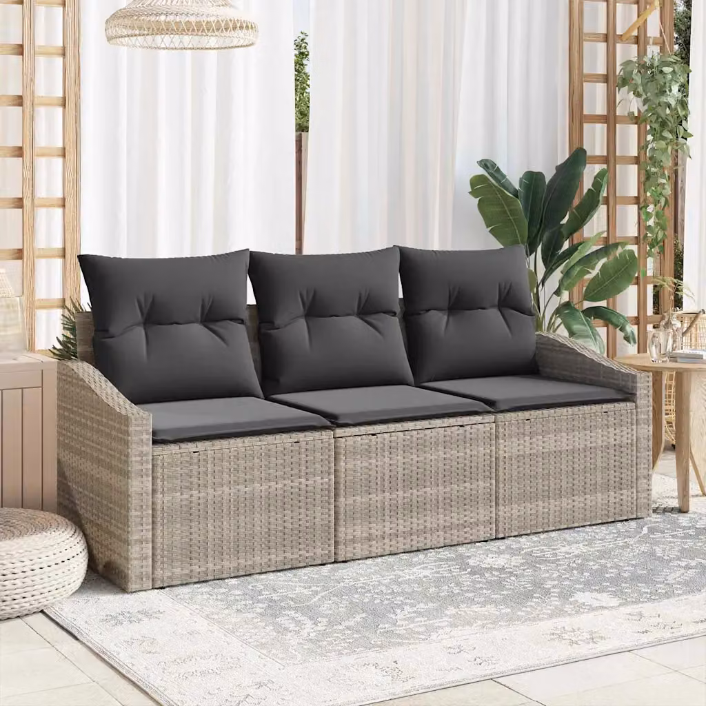 Set Divano da Giardino 3 Pezzi vidaXL in Polyrattan Grigio con Cuscini e Struttura in Acciaio – 1