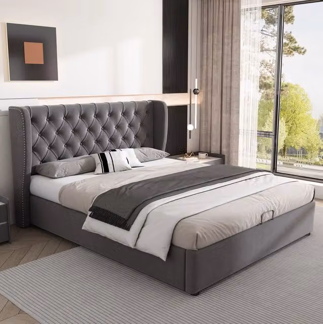 Letto matrimoniale 140x190 cm contenitore idraulico; velluto; grigio (Senza materasso)