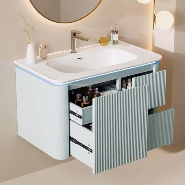 Mobile sottolavabo OKWISH per bagno in MDF laccato verde con lavabo in ceramica, illuminazione LED integrata e 4 cassetti, L: 80,5 cm, P: 47,5 cm, H: 51 cm