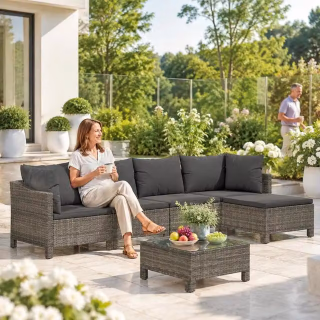 5-piece Garden Lounge Set With Cushions, Grey Poly Rattan
