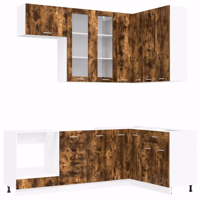 Unità cucina moderna vidaXL LYON composta da 8 pezzi in legno ingegnerizzato Rovere Fumo, con ante in vetro e ripiani interni, colore marrone e grigio