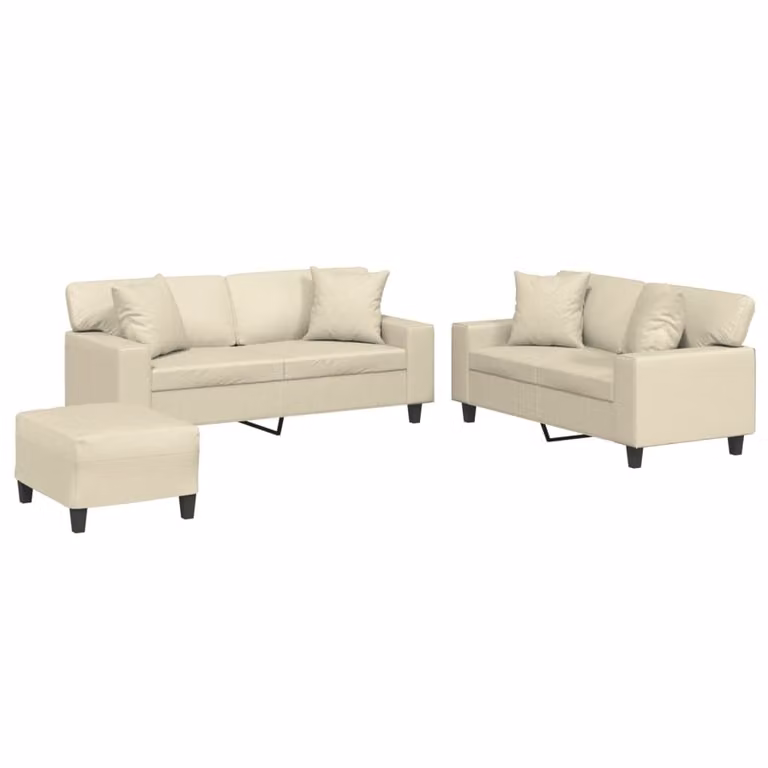 Set di Divani 3 pz con Cuscini Crema in Pelle finta