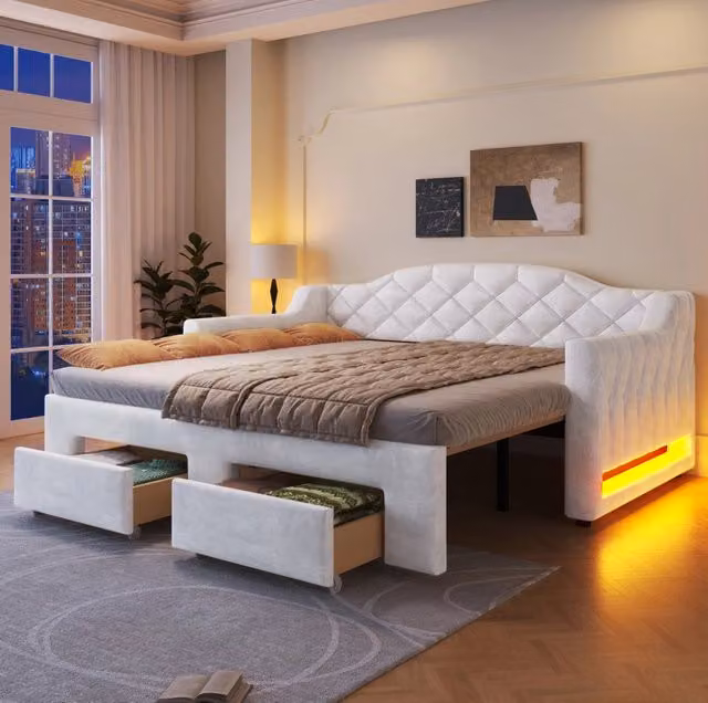 Letto da giorno imbottito estraibile 90x200-180x200 cm con 2 cassetti e LED; bianco